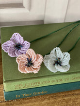 Load image into Gallery viewer, Three finished beaded anemone flowers in lilac, pink and cream by The Beaded Garden.