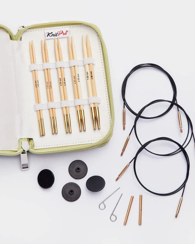 KnitPro bamboo interchangeable knitting needle starter set with tips, swivel cables and green fabric case