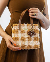 Load image into Gallery viewer, Finished caramel and cream gingham woven tote bag by Craft Club.