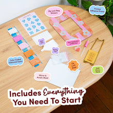 Load image into Gallery viewer, Everything included in the diamond painting mirror frame kit: adhesive frame, gems, applicator, wax pad, sorting tray, storage bags, stand and mirror sheet