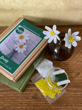 Load image into Gallery viewer, Daisy beaded flower craft kit box with white and yellow seed beads, floristry tape and beaded daisies on a wooden table