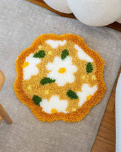 Load image into Gallery viewer, Finished Delightful Daisies scalloped latch hook rug with white daisies on honey by Craft Club.