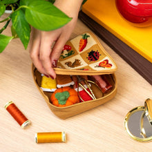 Load image into Gallery viewer, Contents of the Fall Harvest Charms needlepoint pouch kit with printed pre-sewn pouch.