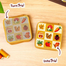 Load image into Gallery viewer, Contents of the Fall Harvest Charms needlepoint pouch kit with printed pre-sewn pouch.