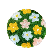 Load image into Gallery viewer, Finished Flower Bomb Green floral latch hook rug by Craft Club.