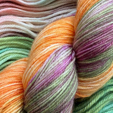 Load image into Gallery viewer, Hand Dyed Sock 4ply Yarn skein in orange, pink and sage green by Solicious Yarns