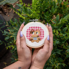 Load image into Gallery viewer, Finished kitten mini cross stitch design in a 10cm hoop.