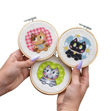 Load image into Gallery viewer, Three finished kitten mini cross stitches in wooden hoops by Craft Club.