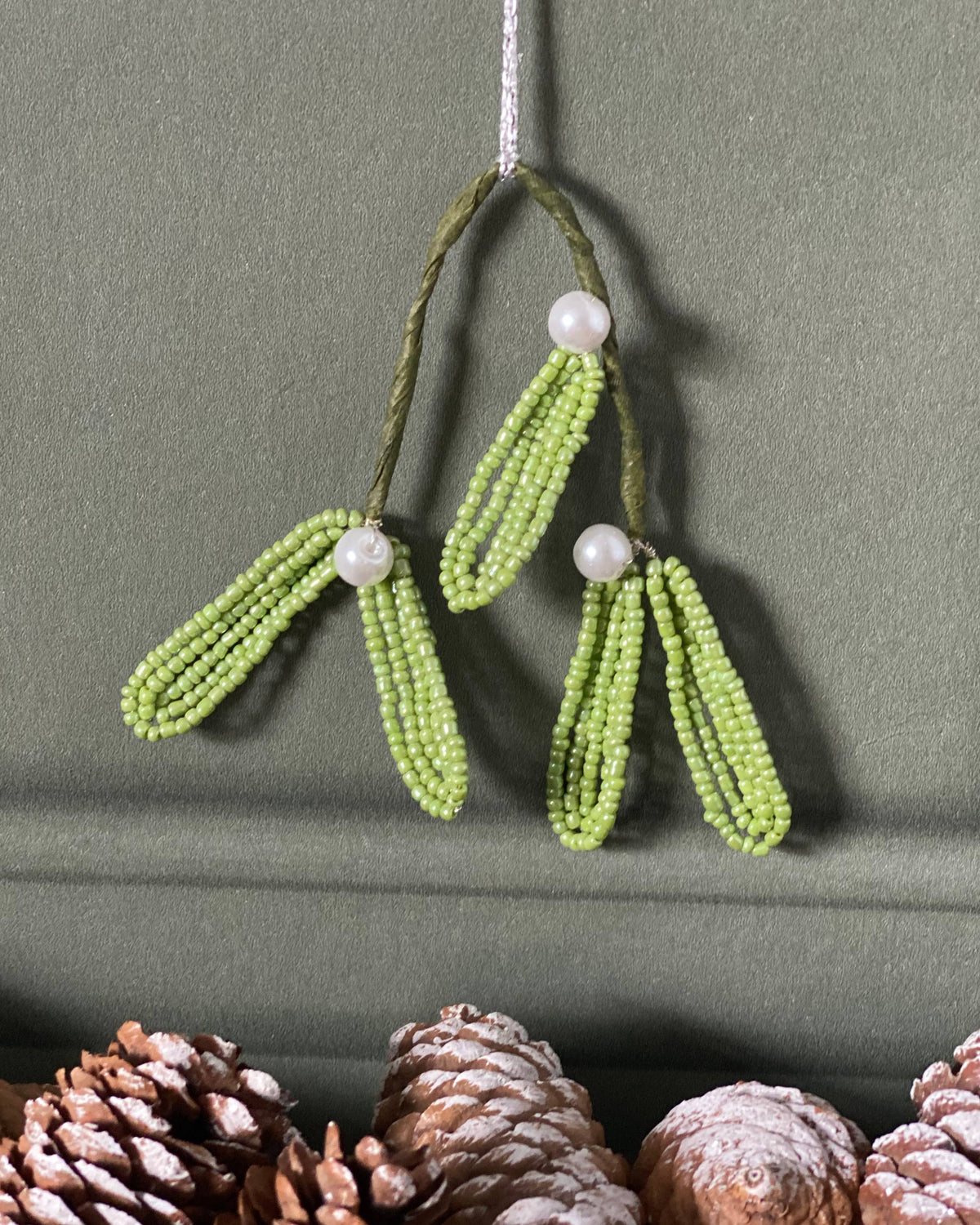 Finished beaded mistletoe Christmas decoration with white pearl berries by The Beaded Garden.