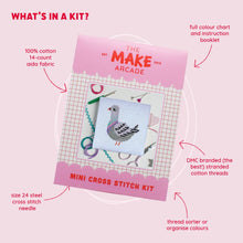 Load image into Gallery viewer, Pigeon mini cross stitch kit in its gift packaging.