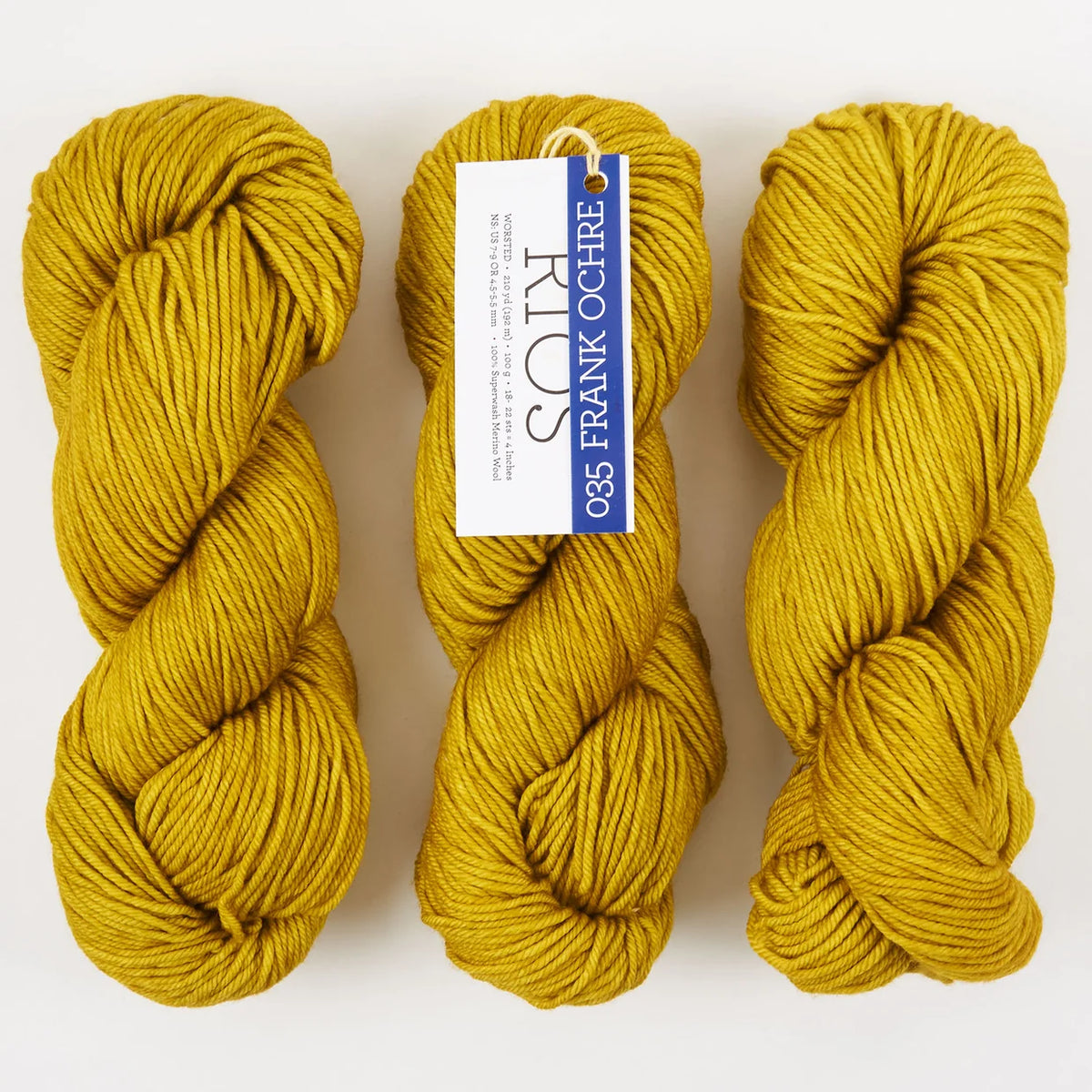 Rios Superwash Merino Worsted Yarn skeins in Frank Ochre by Malabrigo