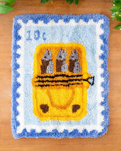 Load image into Gallery viewer, Finished Sardine Stamp latch hook rug with a blue sardine tin design by Craft Club.