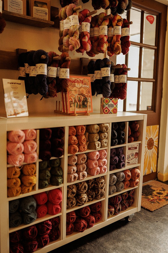 The yarn wall in the Sunflower Raes shop