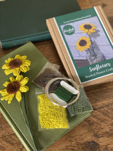Load image into Gallery viewer, Sunflower beaded flower craft kit box with yellow seed beads, floristry wire and tape beside finished beaded sunflowers