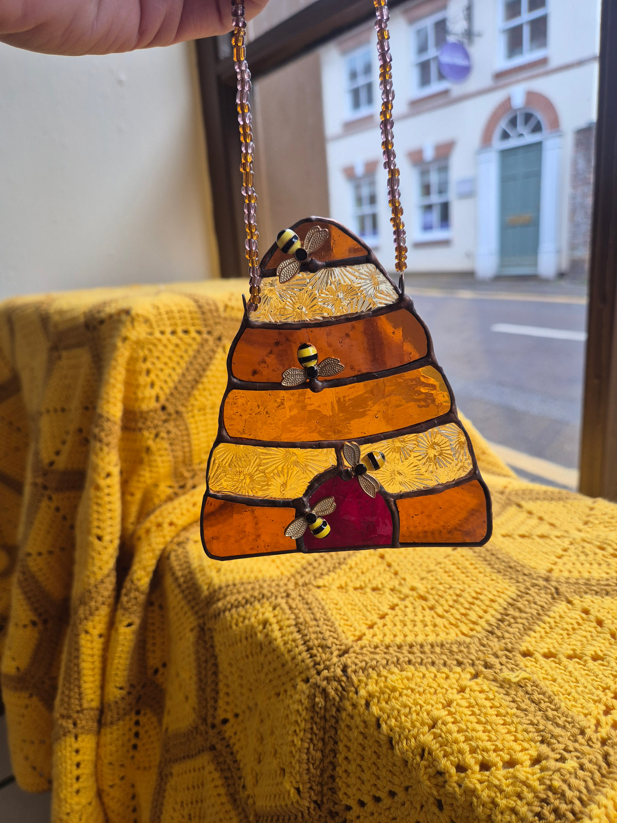 Bee hives stained glass suncatcher by Gobblin Glass