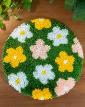 Load image into Gallery viewer, Finished Flower Bomb Green floral latch hook rug by Craft Club.
