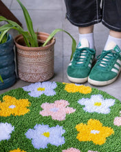 Load image into Gallery viewer, Flower Bomb Green floral rug styled.
