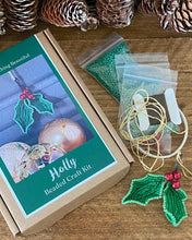 Load image into Gallery viewer, Holly Beaded Craft Kit by The Beaded Garden with green seed beads, gold thread and a finished beaded holly leaf
