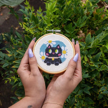 Load image into Gallery viewer, Finished kitten mini cross stitch design in a 10cm hoop.
