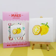 Load image into Gallery viewer, Lemons mini cross stitch kit in its recyclable gift envelope.

