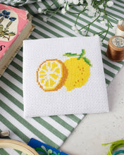 Load image into Gallery viewer, Finished lemons mini cross stitch by The Make Arcade.
