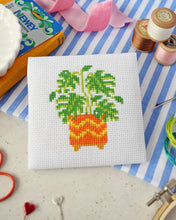 Load image into Gallery viewer, Finished monstera plant mini cross stitch kit design stitched on white Aida fabric with threads and sewing supplies
