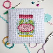Load image into Gallery viewer, Jar of pickles cross stitch kit by The Make Arcade with threads and pattern.
