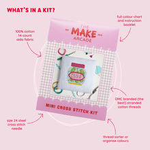 Load image into Gallery viewer, Jar of pickles cross stitch kit by The Make Arcade with threads and pattern.
