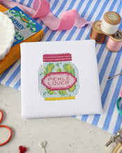 Load image into Gallery viewer, Jar of pickles cross stitch kit by The Make Arcade with threads and pattern.
