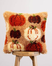 Load image into Gallery viewer, Finished Pumpkin Spice latch hook cushion with cream, rust and brown pumpkins by Craft Club.
