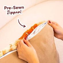 Load image into Gallery viewer, Contents of the Pumpkin Spice latch hook cushion kit: pre-sewn cushion canvas, yarn and latch hook.
