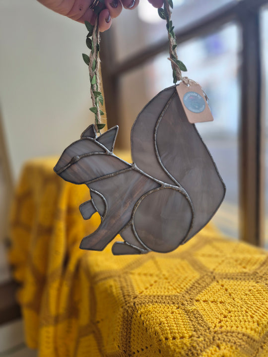 Squirrel stained glass suncatcher by Gobblin Glass