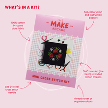 Load image into Gallery viewer, What's in the kit infographic for the Make Arcade mini cross stitch kit showing Aida fabric, DMC threads, needle, pattern and thread sorter

