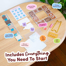 Load image into Gallery viewer, Everything included in the diamond painting mirror frame kit: adhesive frame, gems, applicator, wax pad, sorting tray, storage bags, stand and mirror sheet
