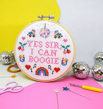 Load image into Gallery viewer, Yes Sir, I Can Boogie cross stitch kit in its orange gift box.
